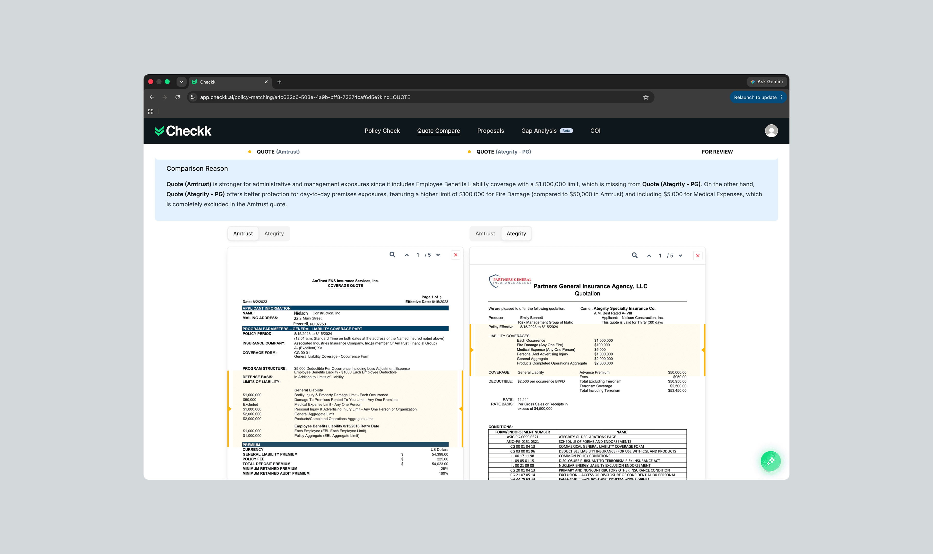 After: clickable Amtrust and Ategrity pill tabs above each panel for instant side-by-side comparison