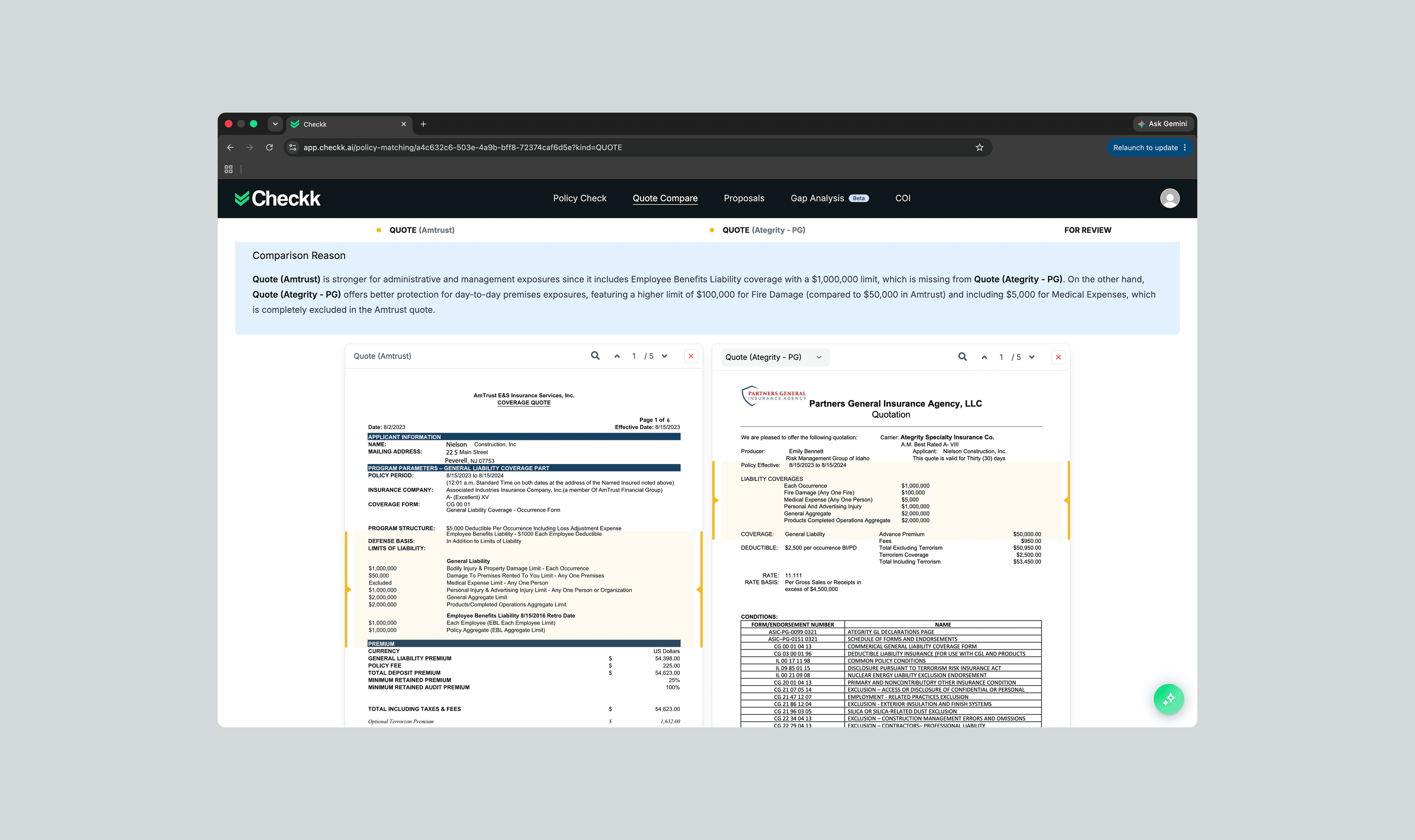 Before: quote comparison with document type shown as a plain dropdown label above each panel
