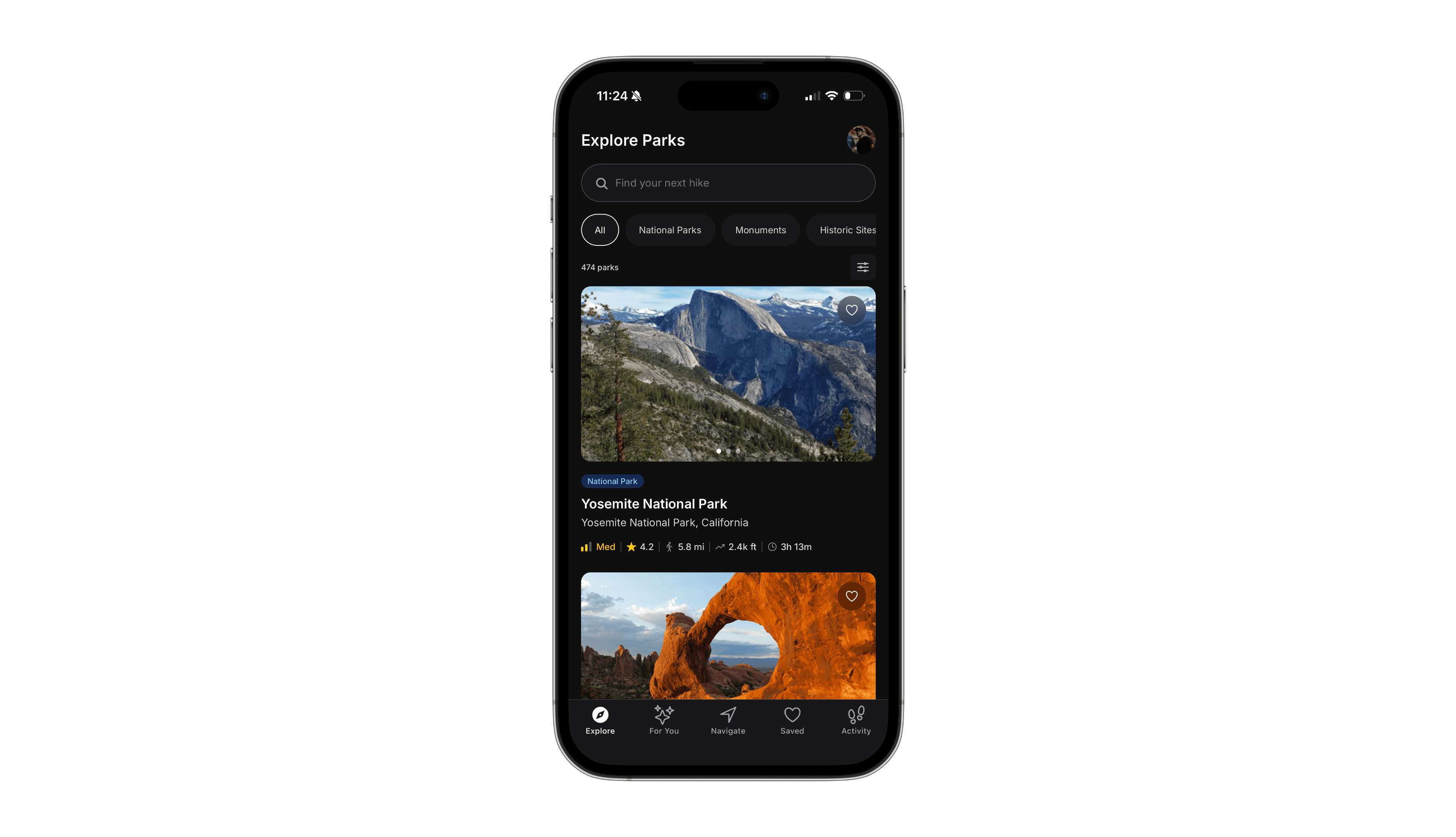 Explore Parks screen with search bar, category filters, and a scrollable list across all 474 parks